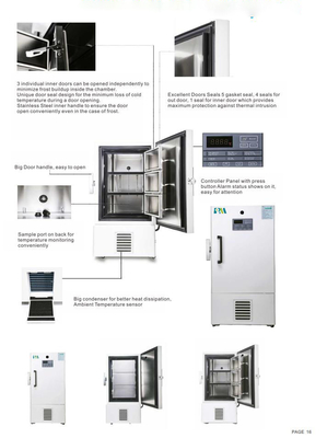 -40 Sampai -80 Derajat Sistem Pendinginan Otomatis Cascade Biomedical Ultra Cold Freezers Stainless Steel